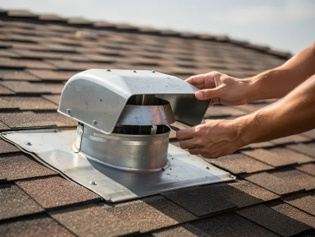 Canton Dryer Vent Cleaning certified technician safely cleaning a roof-mounted dryer vent in Canton
