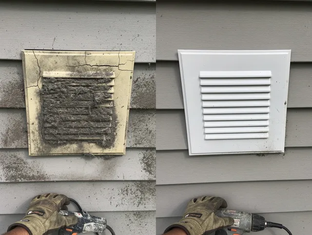 Canton Dryer Vent Cleaning technician installing high-quality dryer vent cover at a residential property in Canton