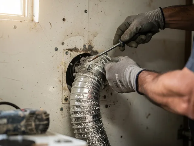 Canton Dryer Vent Cleaning technician performing precise dryer vent hose installation in Canton